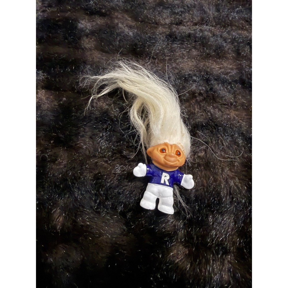 Vintage Troll Doll Mini Figure White Hair Navy Blue Letterman R Football Outfit